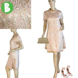 VINTAGE 1960'S BLUSH & CREAM W/GOLD BEADS BROCADE UNION MADE COCKTAIL DRESS (L)